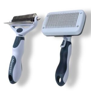 Self Cleaning Pet Hair Brush and Double Sided Deshedding & Dematting Rake